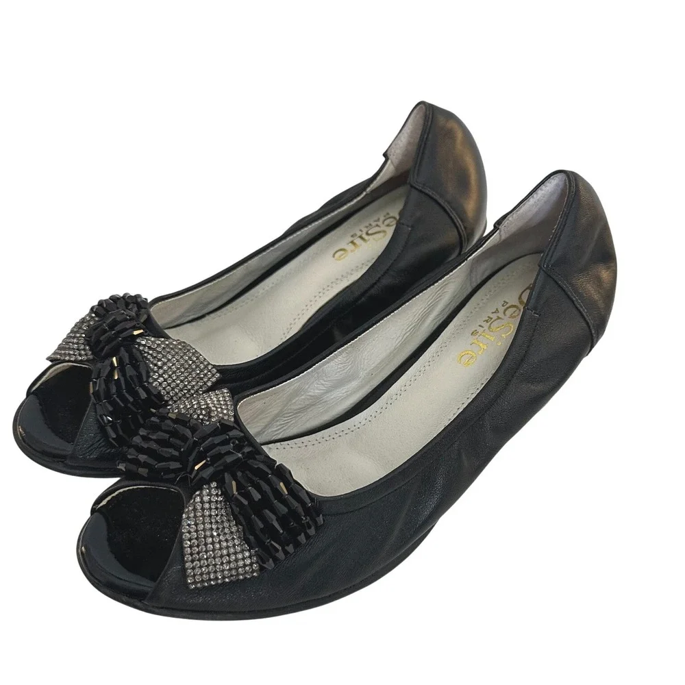 DeSire Paris Women's Black Beaded Rhinestone Bow Peep Toe Wedge Pumps Size 7